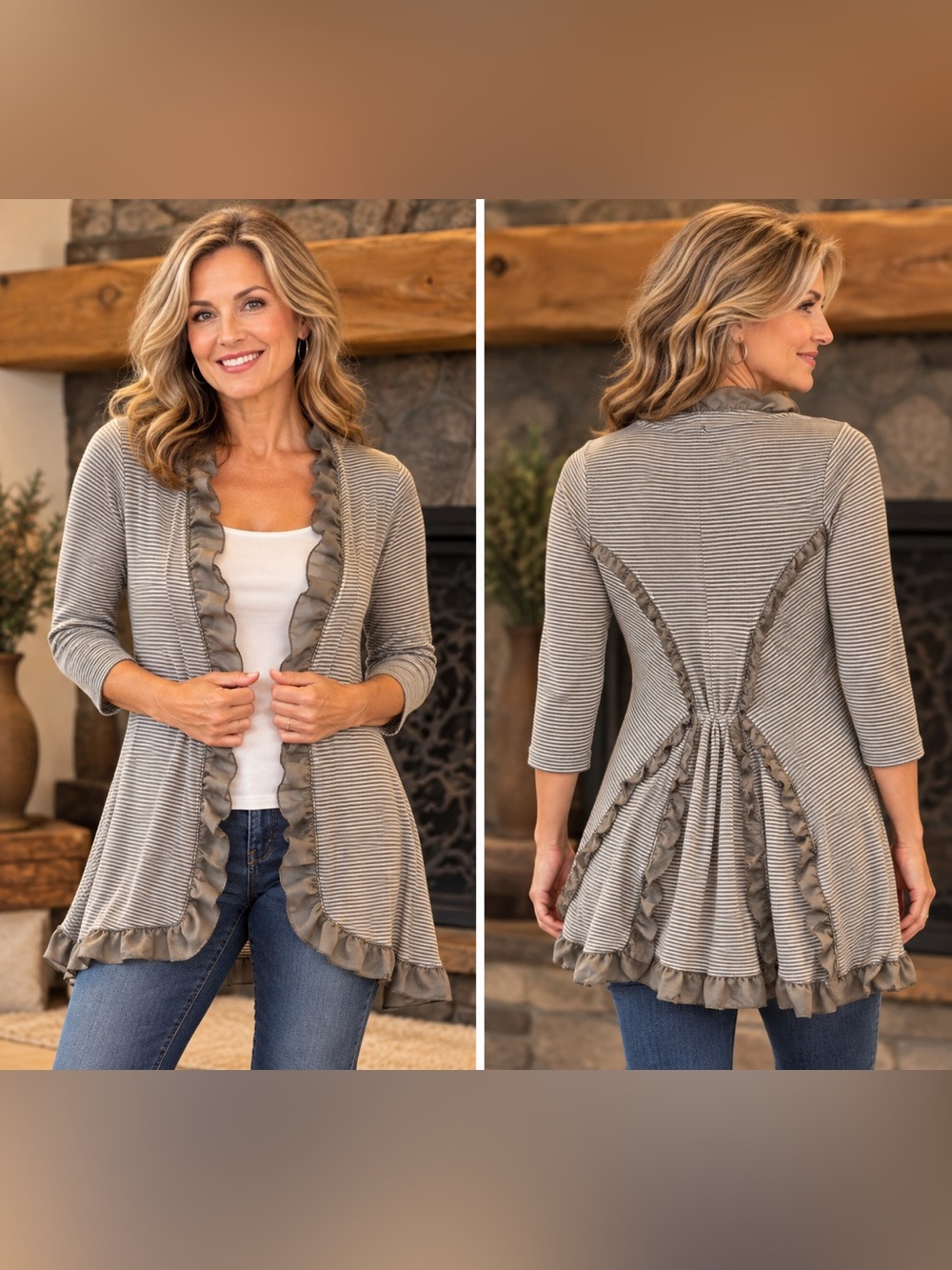 DownEast Taupe Ruffle Trim Striped Cardigan
